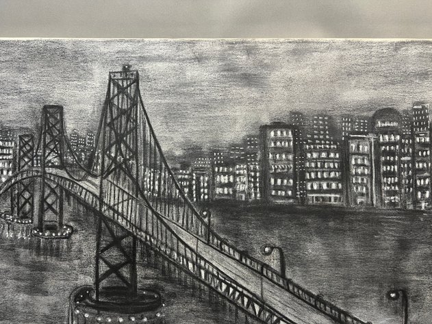 Image for Canvas Charcoal Art of a Suspension Bridge Signed by Artist Mary U