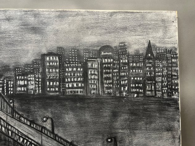 Image for Canvas Charcoal Art of a Suspension Bridge Signed by Artist Mary U