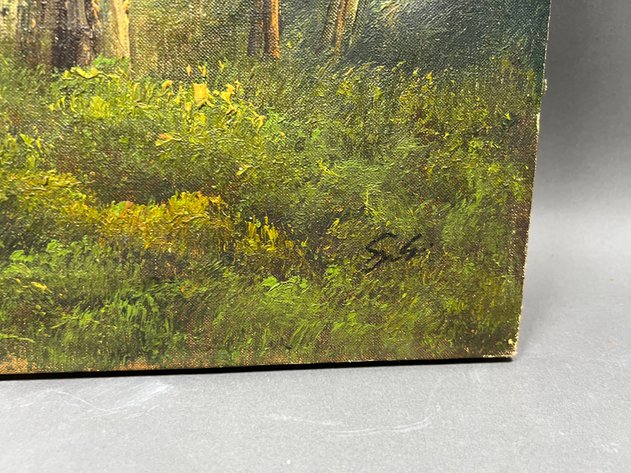 Image for Canvas Landscape Oil Painting of Forrest on Calm River Signed by Artist