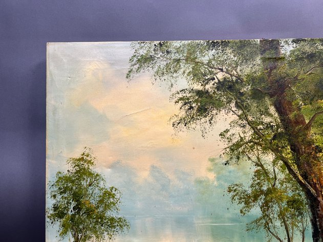 Image for Canvas Landscape Oil Painting of Forrest on Calm River Signed by Artist