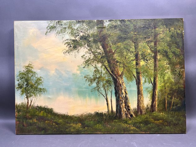 Image for Canvas Landscape Oil Painting of Forrest on Calm River Signed by Artist