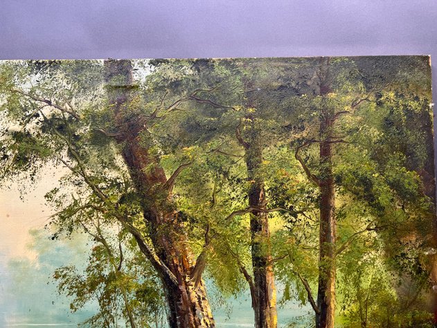 Image for Canvas Landscape Oil Painting of Forrest on Calm River Signed by Artist