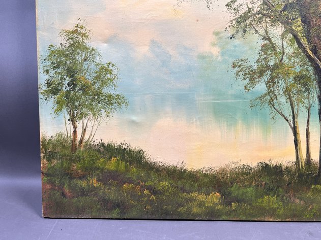 Image for Canvas Landscape Oil Painting of Forrest on Calm River Signed by Artist