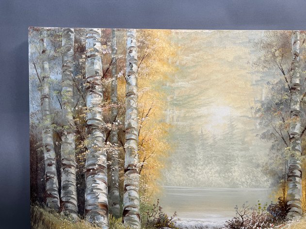 Image for Canvas Landscape Featuring Birch Trees and a Small Stream Signed by Artist