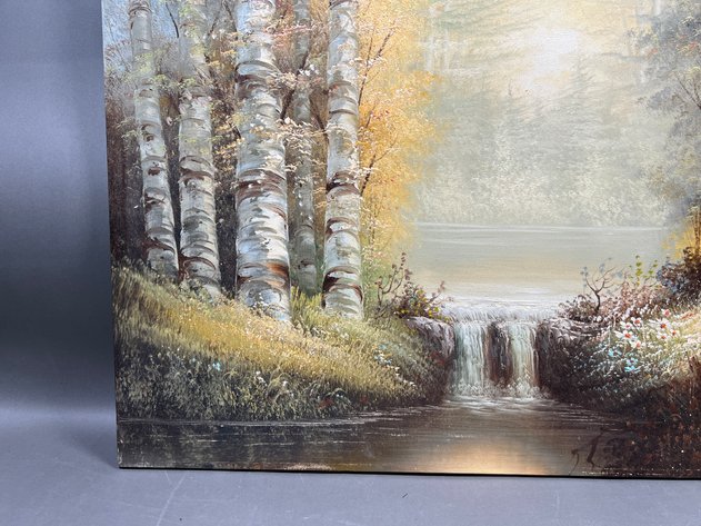 Image for Canvas Landscape Featuring Birch Trees and a Small Stream Signed by Artist