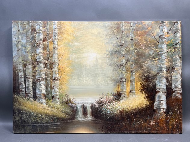 Image for Canvas Landscape Featuring Birch Trees and a Small Stream Signed by Artist