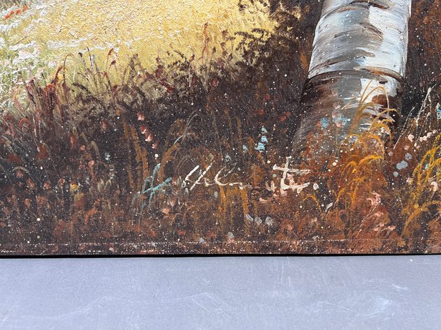 Image for Canvas Landscape Featuring Birch Trees and a Small Stream Signed by Artist