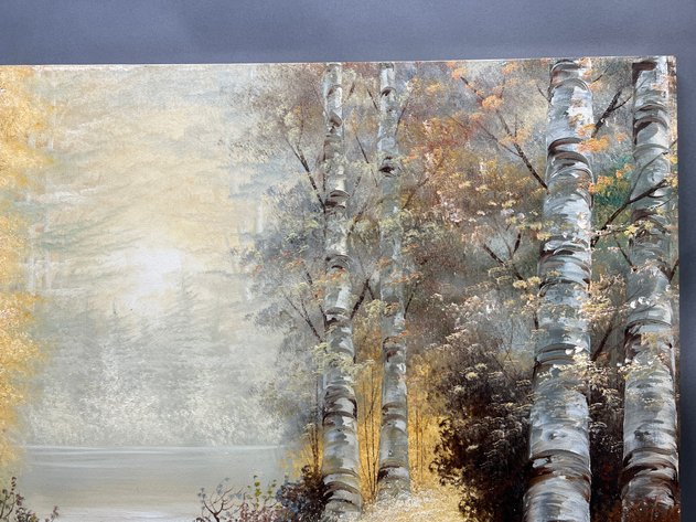 Image for Canvas Landscape Featuring Birch Trees and a Small Stream Signed by Artist