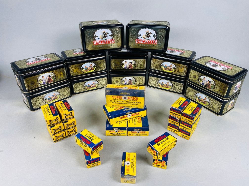 Collection of (12) Vintage Winchester 1993.22 Long Rifle Tins, (4) Empty Super Match 38 Specail Ammo Boxes, (17) Emptey Western 22 Long Rifle Ammo Boxes