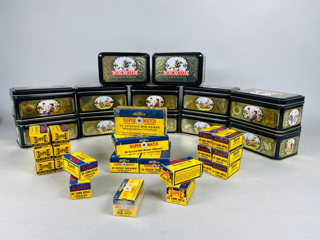 Image for Collection of (12) Vintage Winchester 1993.22 Long Rifle Tins, (4) Empty Super Match 38 Specail Ammo Boxes, (17) Emptey Western 22 Long Rifle Ammo Boxes