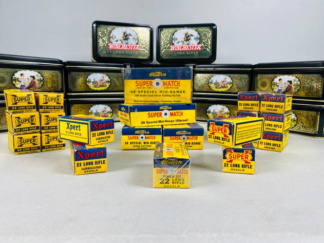 Image for Collection of (12) Vintage Winchester 1993.22 Long Rifle Tins, (4) Empty Super Match 38 Specail Ammo Boxes, (17) Emptey Western 22 Long Rifle Ammo Boxes