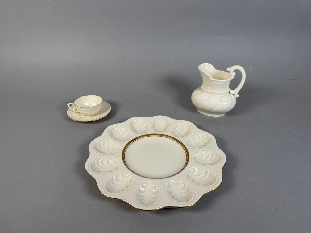 Lenox Ivory Porcelain Assortment Including 24K Gold Deviled Egg Plate, Pitcher & Limited Edition Cup & Saucer