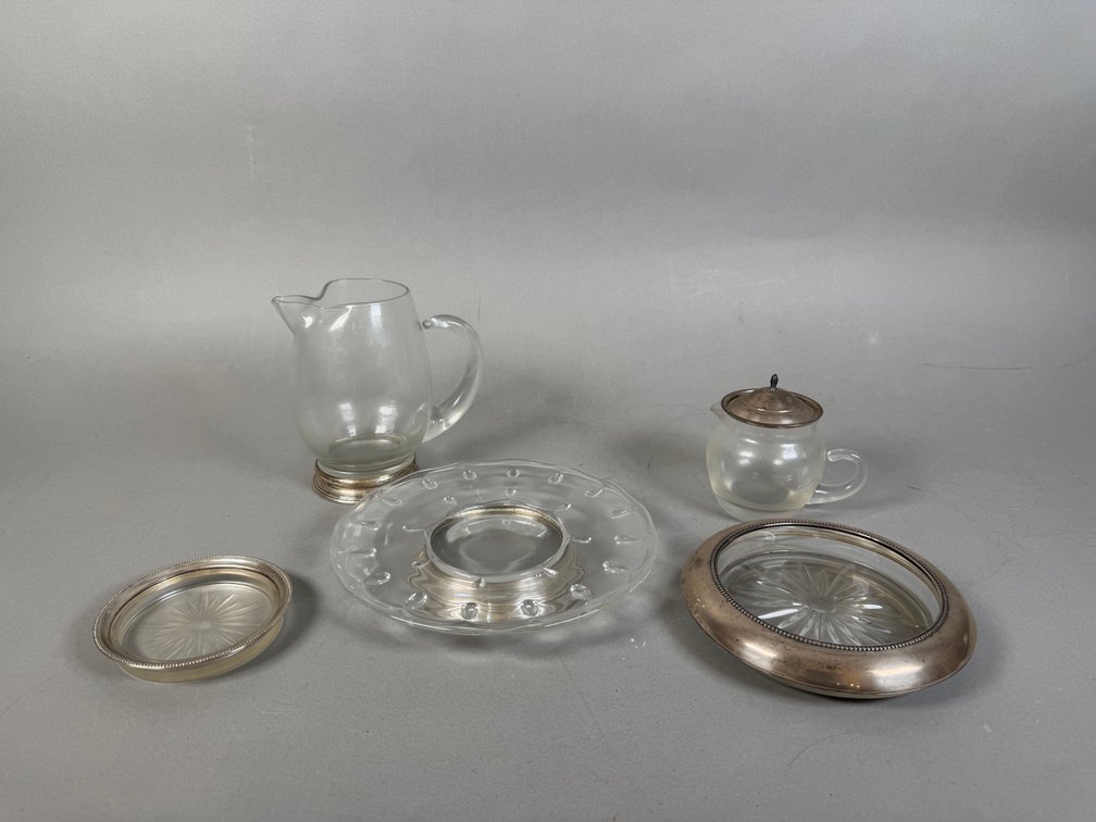 Sterling Silver & Glass Tableware Collection Including Pitcher, Covered Creamer & More
