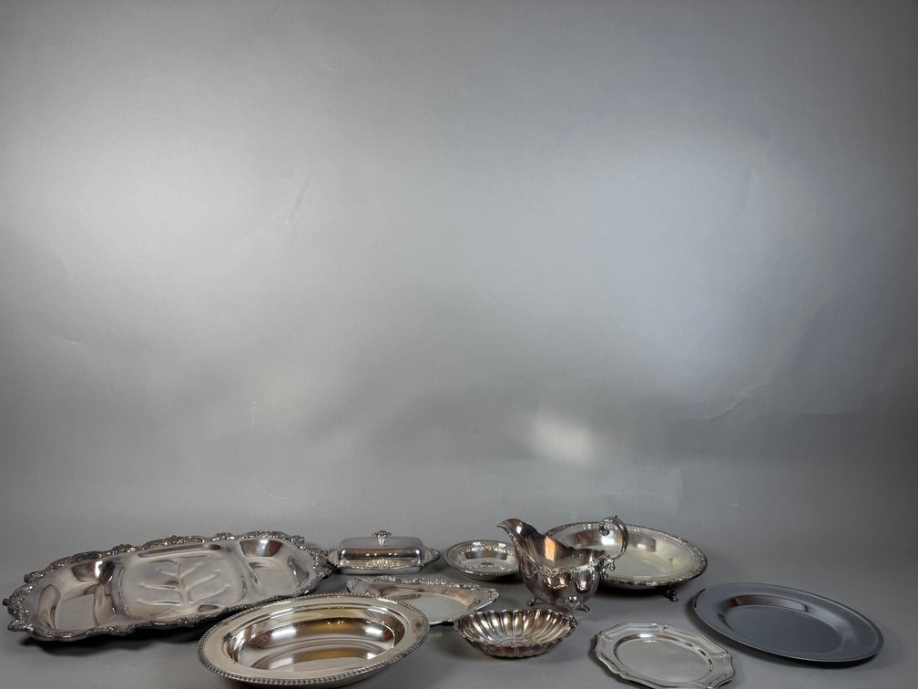 Silverplate Serving Collection Including Platters, Gravy Boat & Covered Dish
