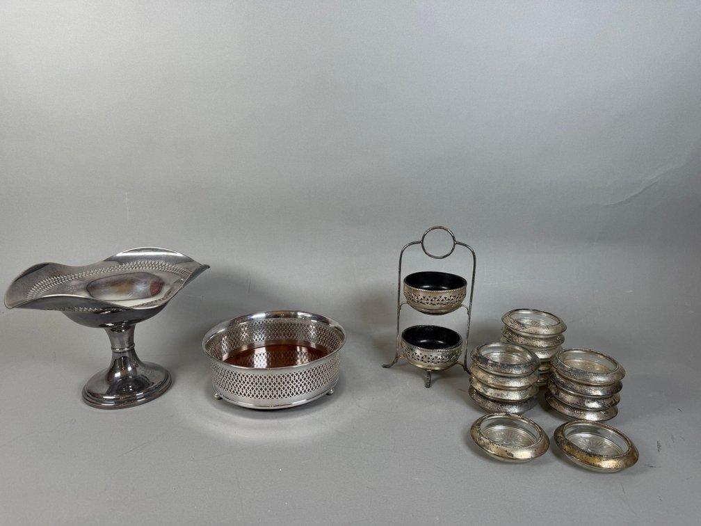 Silverplate Serving Collection Including Coasters, Compote, Pierced Basket & Tiered Server