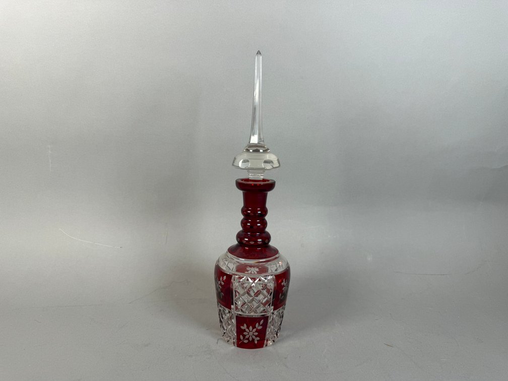 Bohemian Ruby Red Cut-To-Clear Crystal Decanter With Tall Faceted Stopper