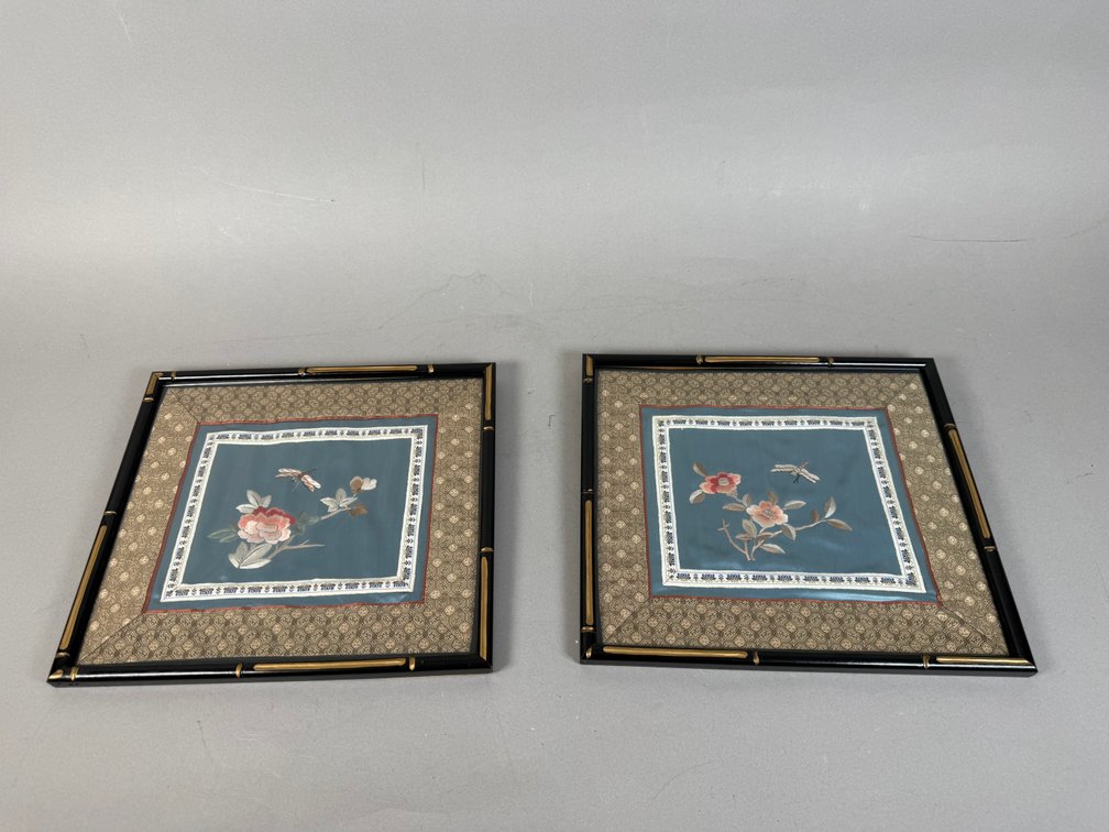 Pair Of Framed Asian Silk Embroideries With Floral & Dragonfly Motifs