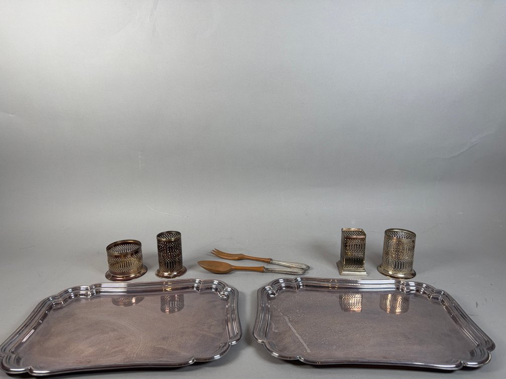 Silverplate Serving Collection Including Pair Of Trays, Glass Holders & Serving Utensils