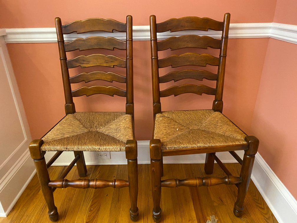 (2) Antique English Oak Ladderback Chairs With Rush Seats