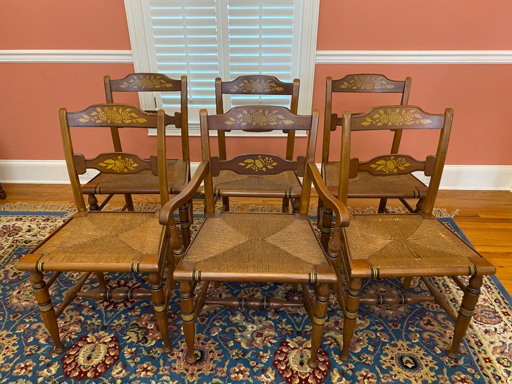 (6) Stenciled Hitchcock Style Wooden Chairs With Rush Bottom Seating.