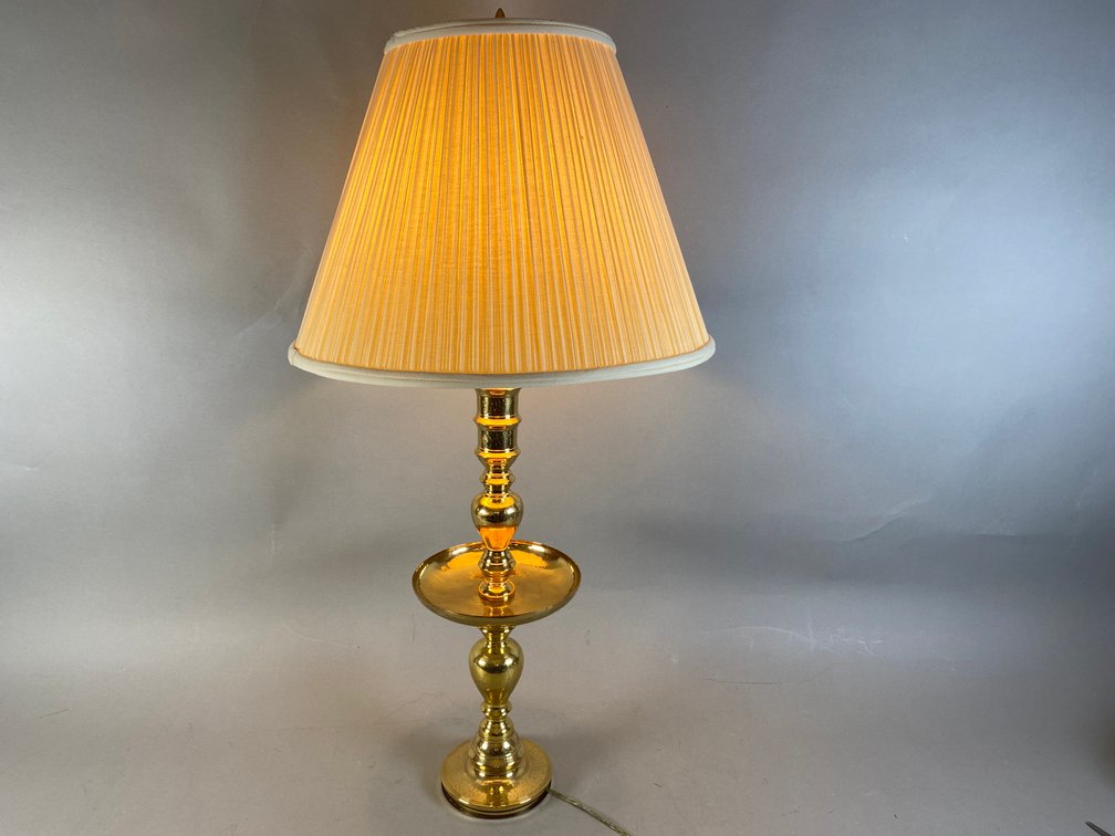 Vintage Middle Eastern Solid Heavy Brass Tall Table Lamp With Shade. Matches Lot 124