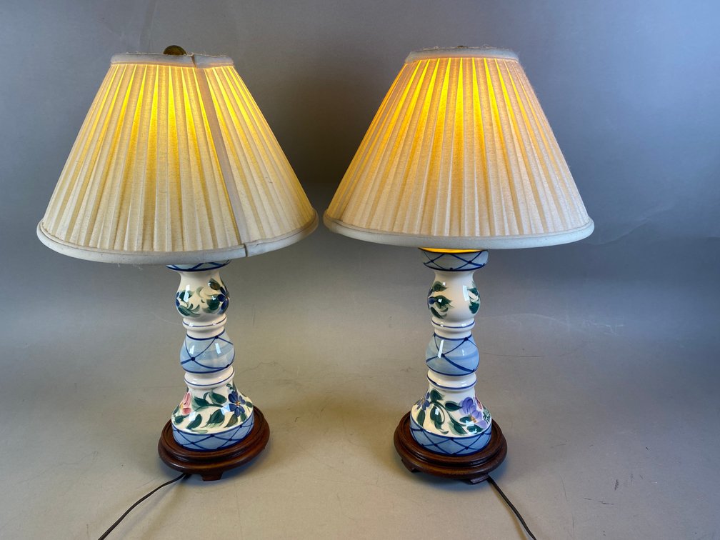 (2) Hand Painted Floral Table Lamps With Wooden Base By Gail Pittman