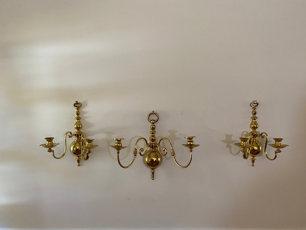 (3) Shiny Brass Double Arm Candle Sconces