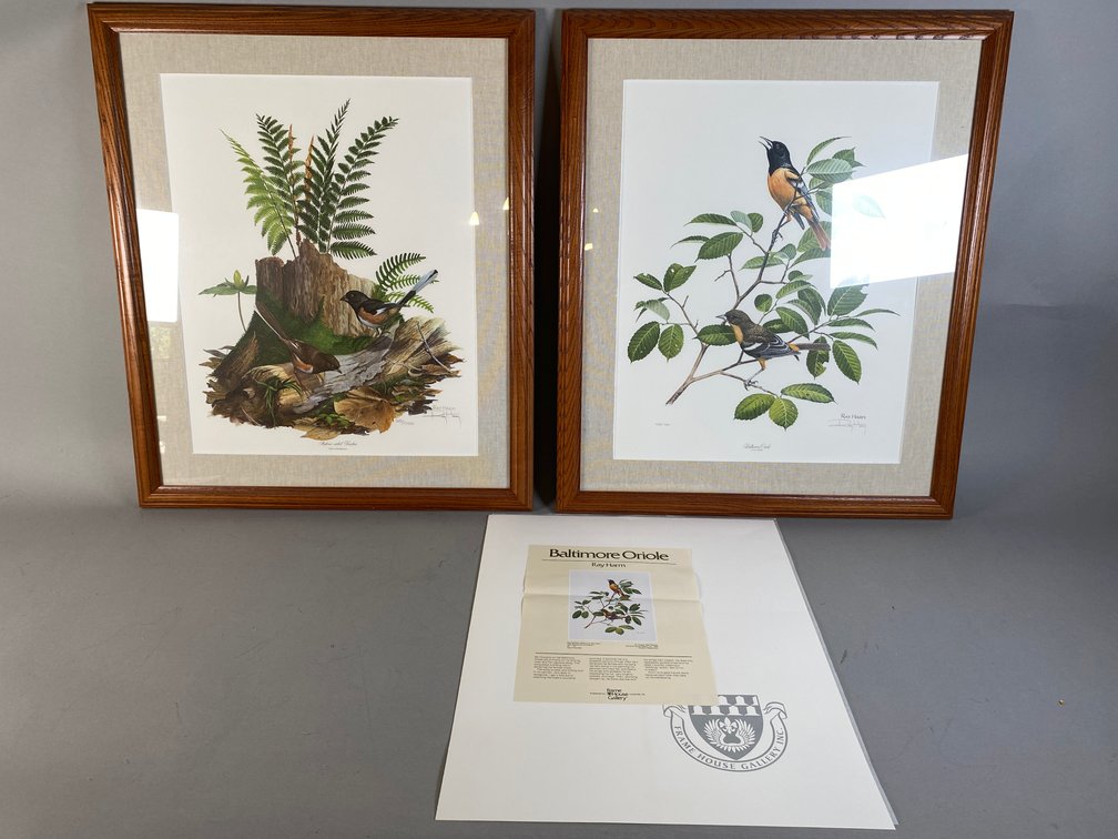 (2) Framed And Signed By Artist Ray Harm Prints; "Rufous-Sided Towhee", And "Baltimore Oriole"