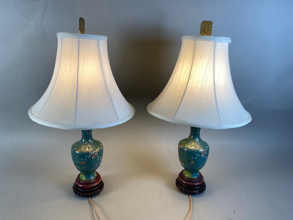(2) Vintage Green Enamel & Brass Cloisonne Table Lamps - Asian/Chinoiserie Style