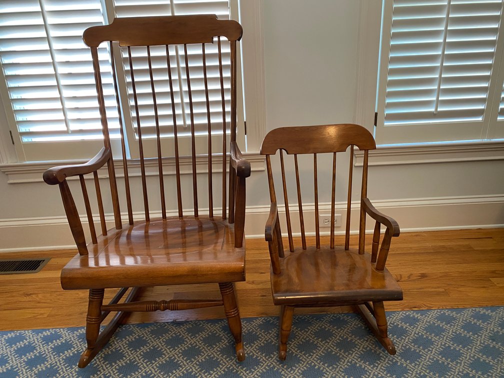 (2) Nichols And Stone Co Solid Wood Rocking Chairs, (1) Adult And (1) Child