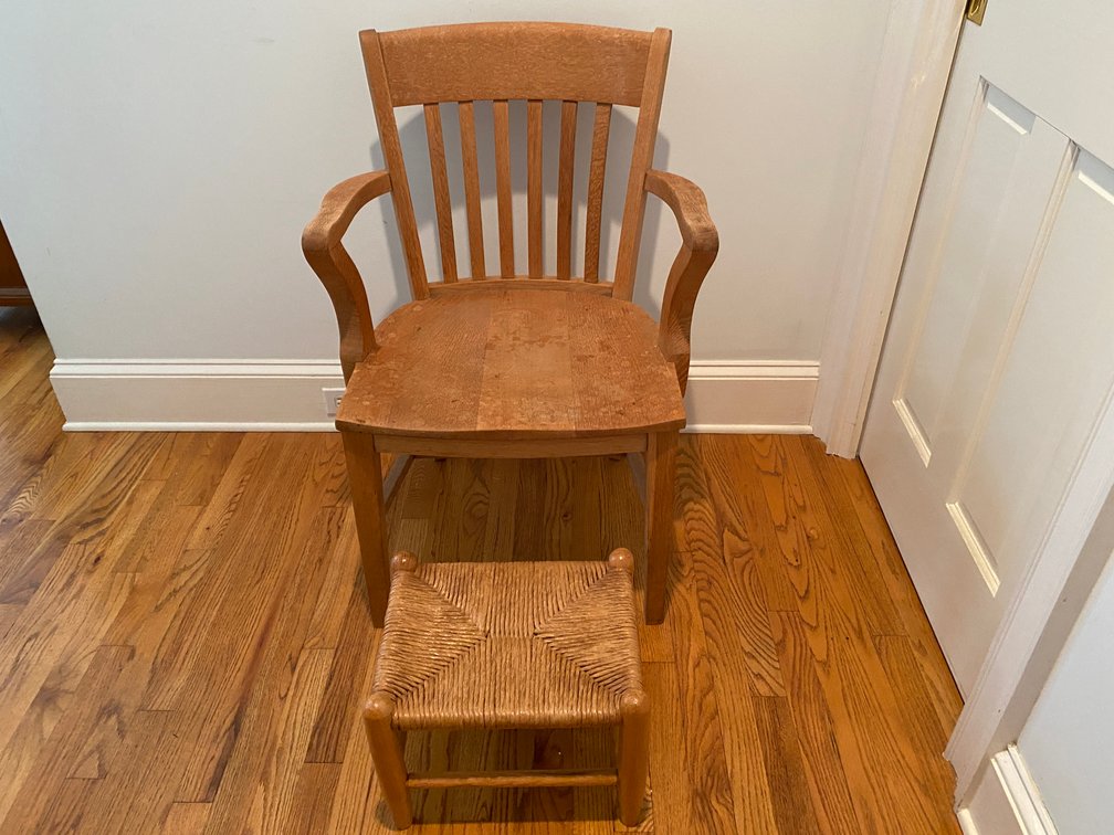 Vintage Solid Oak Armchair With Rush Foot Stool