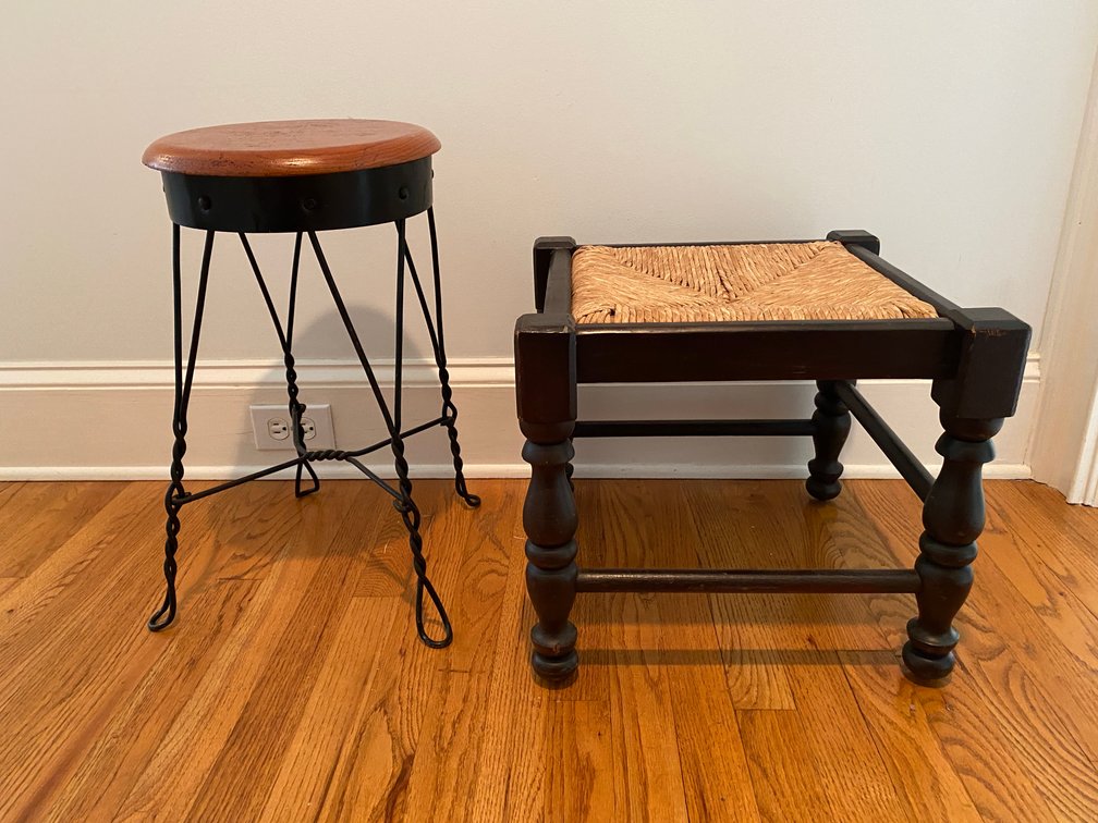 (1) Antique Twisted Wrought Iron Stool And (1) Wooden Rush Bottom Stool