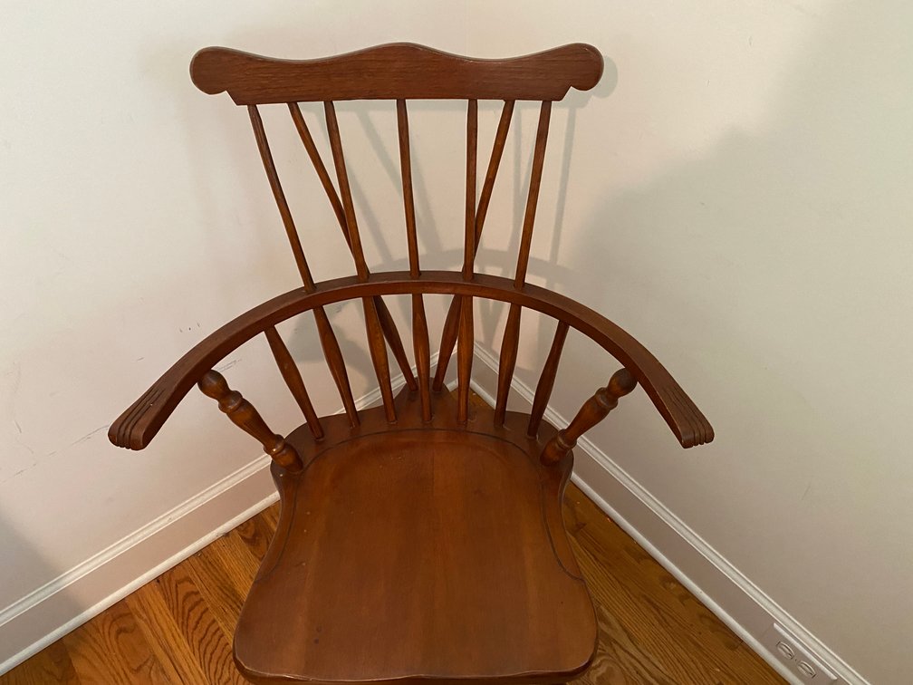 Vintage Nichols And Stone Windsor Chair Features Turned Spindles And Contoured Saddle Seat.