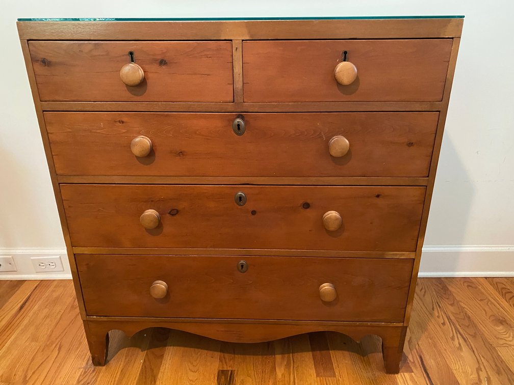 Colonial Revival Solid Wood Dresser With Glass Topper.