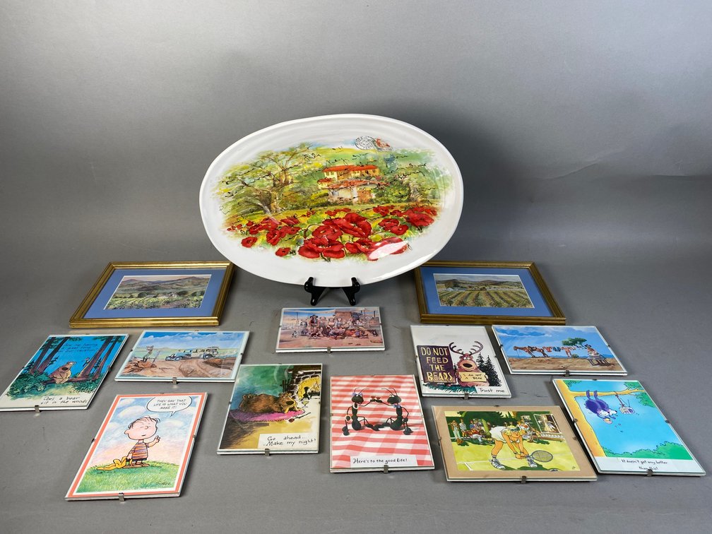 Ceramica Cuore Italian Oval Platter And Framed Original Art And Novelty Postcards And Pictures