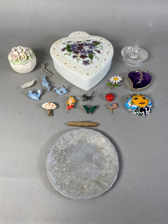 Ladies Vintage Brooch Collection, Antique Hand Painted Milk Glass Jewelry Box, Pewter Trinket Dish And More!
