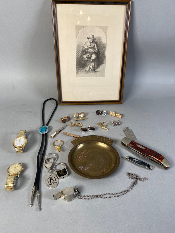 Signed And Framed Original Etching By Ferdinand Lefman "Young Rembrandt Reading" And Assortment Of Vintage Men's Jewelry, Pocket Knives, Wrist Watches, Cuff Links, Tie Tacks And More!