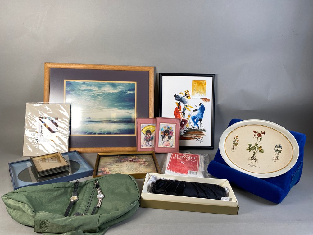 Variety Lot, Includes Framed And Signed Original Art, New In Box Ann Taylor Formal Purse, (2) Ladies Watches (1) Brighton Watch, New Ameribag Healthy Back Bag And More!