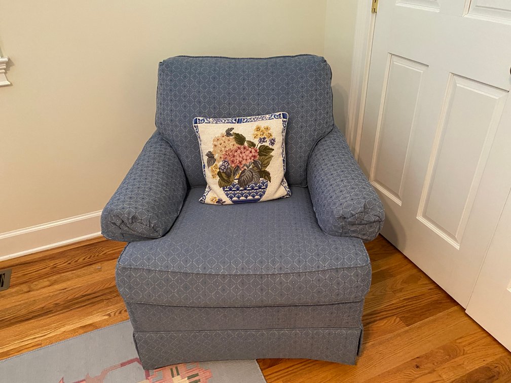 Wesley Hall Blue Upholstered Armchair With Pleated Skirt, Soft Rolled Arms & Hydrangea Needlepoint Pillow