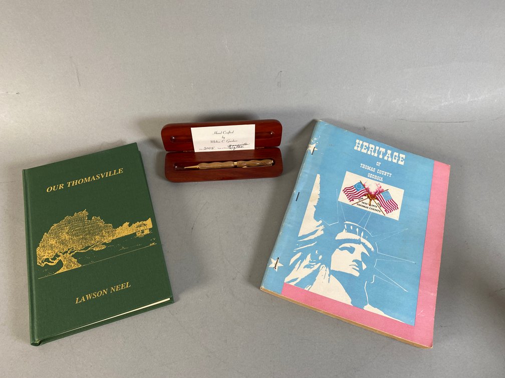 Collection Of Thomasville, GA Memorabilia Including Hand-Crafted Thomasville Big Oak Pen & Thomasville History Books