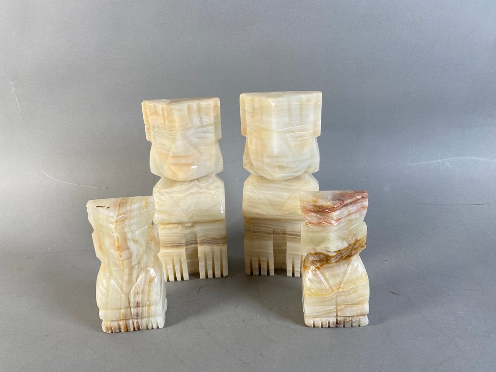 (4) Carved Onyx Aztec / Mayan-Style Figural Bookends