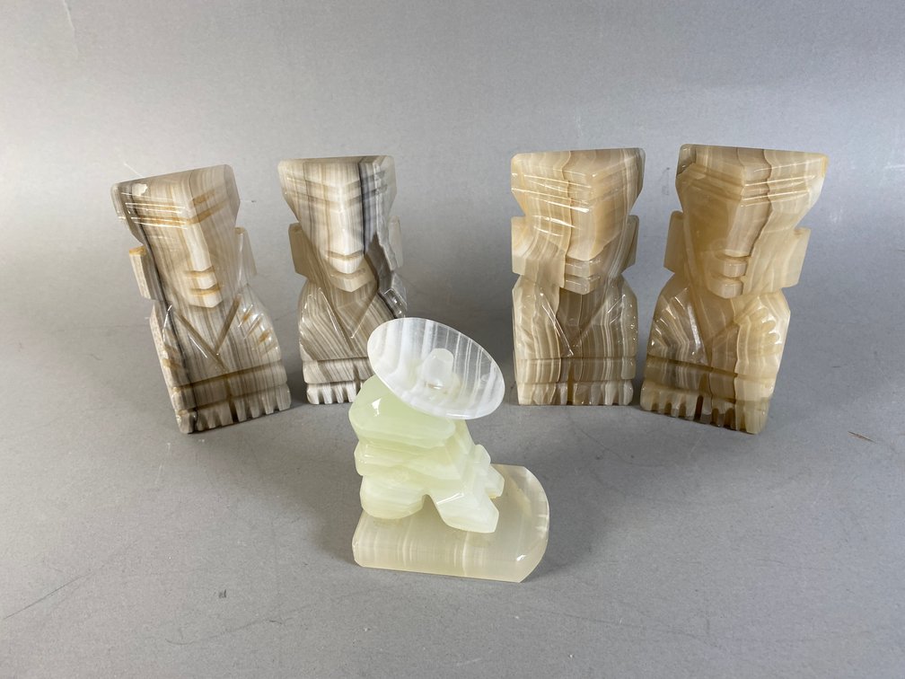 (5) Carved Onyx Aztec / Mayan-Style Figural Bookends