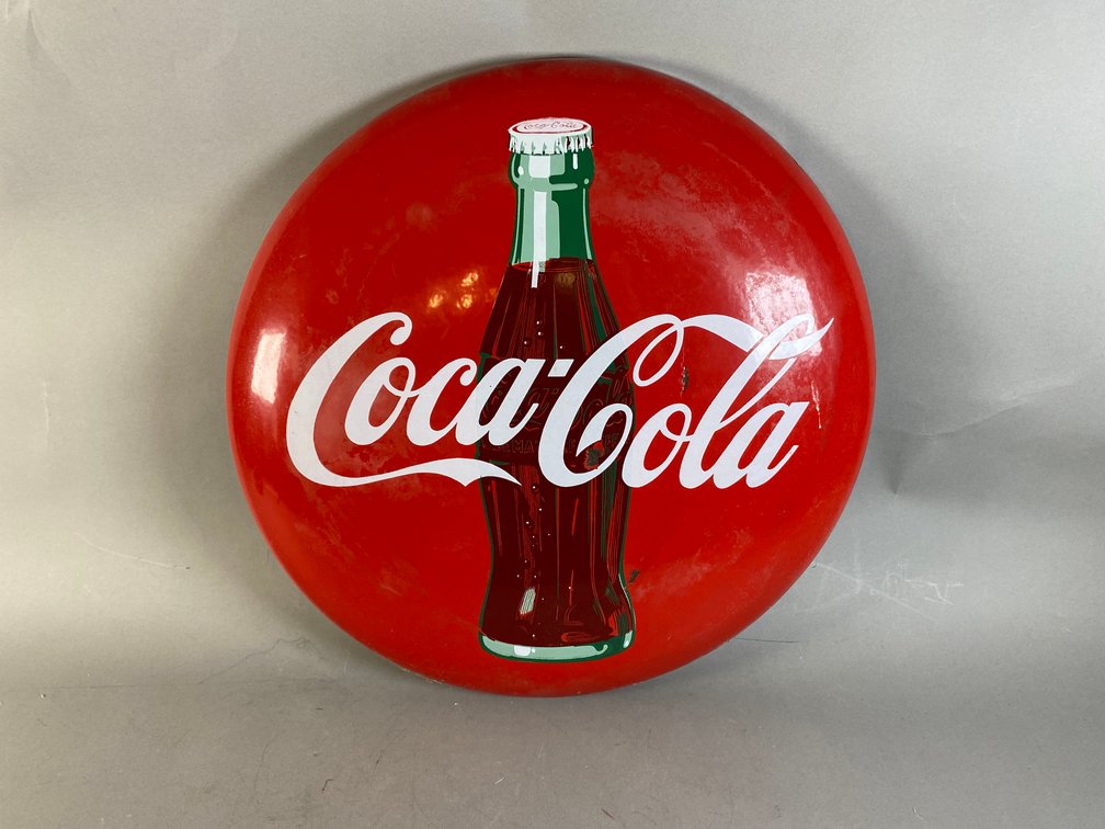 Vintage 1950s Coca-Cola Enamel On Steel Button Advertising Sign