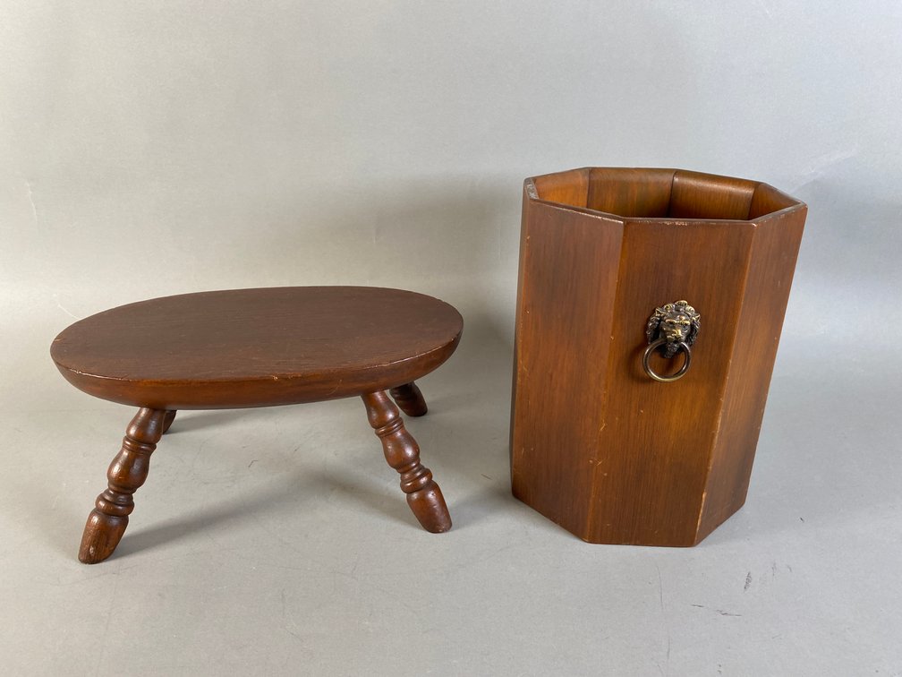 Vintage Wooden Octagonal Wastebasket With Lion Head Ring Pull & Wooden Footstool