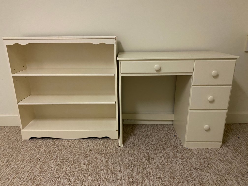 Painted Wooden Bookshelf And Small Wooden Student Desk