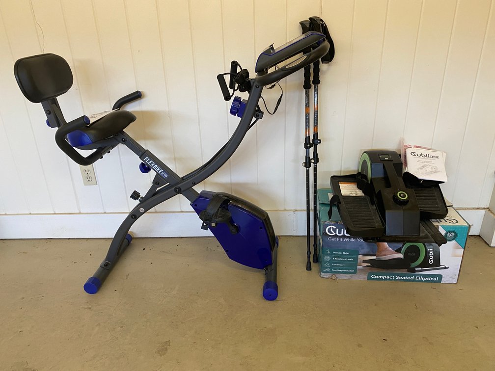 Exercise Equipment Including A Flex Bike Ultra, Cubii Stationary Elliptical And (2) Metal Cascade Hiking Sticks