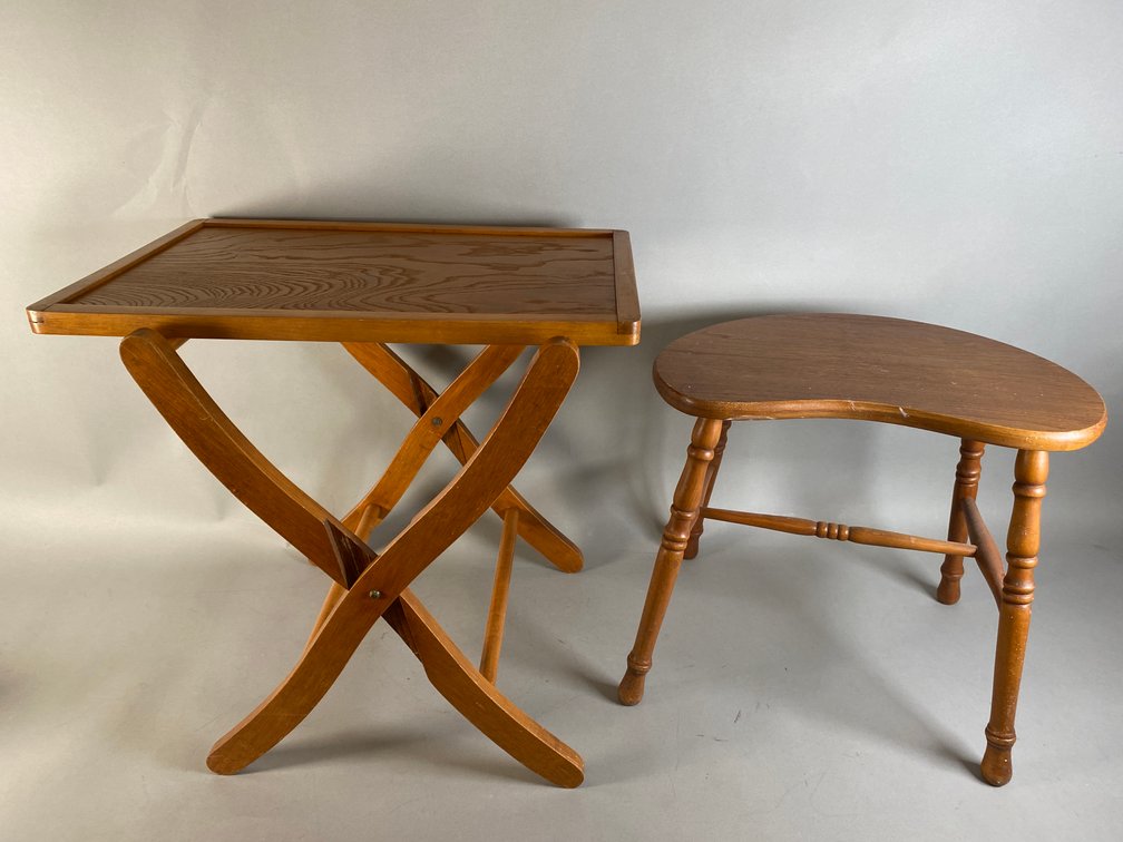 Wooden Folding Removable Tray Table And Vintage Kidney Shape Wooden Stool