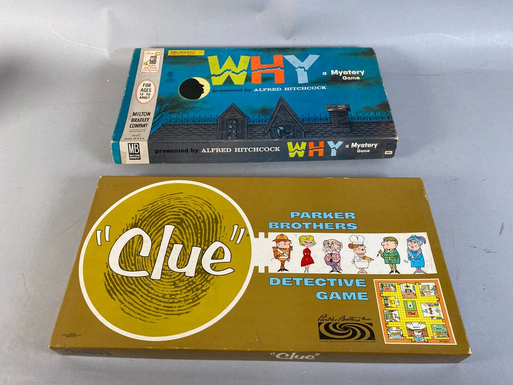 (2) 1950s Board Games, Including "Why, A Mystery Game" By Alfred Hitchcock And "The Game Of Clue"