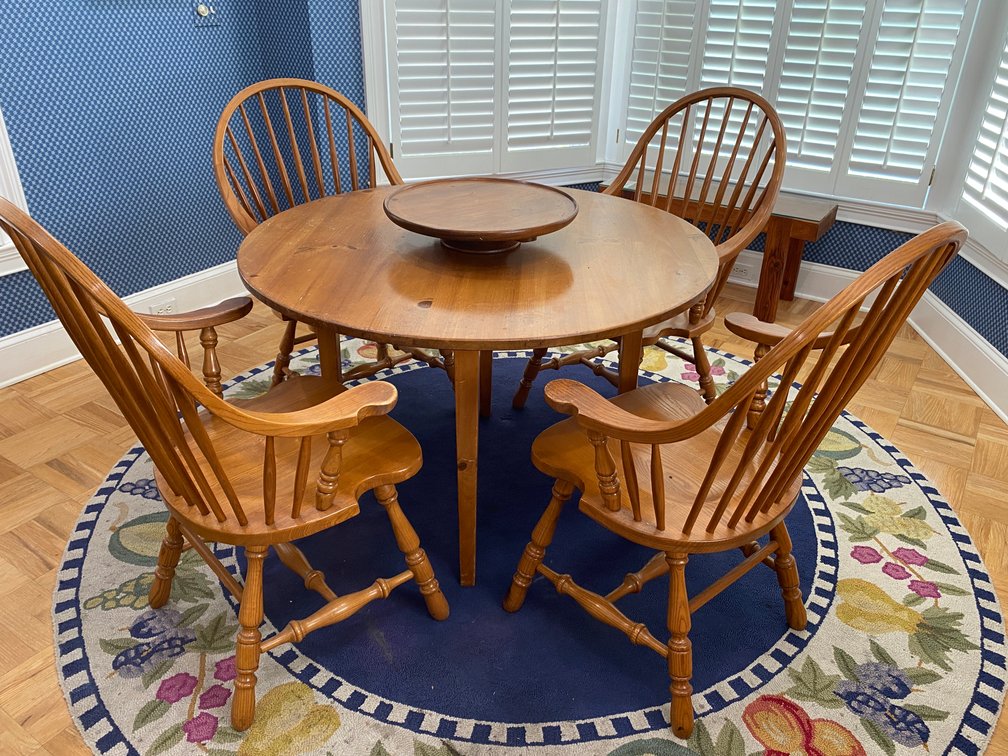 Solid Pine Wood Round Dining Table With (4) Matching Chairs And Pine Wood Lazy Susan