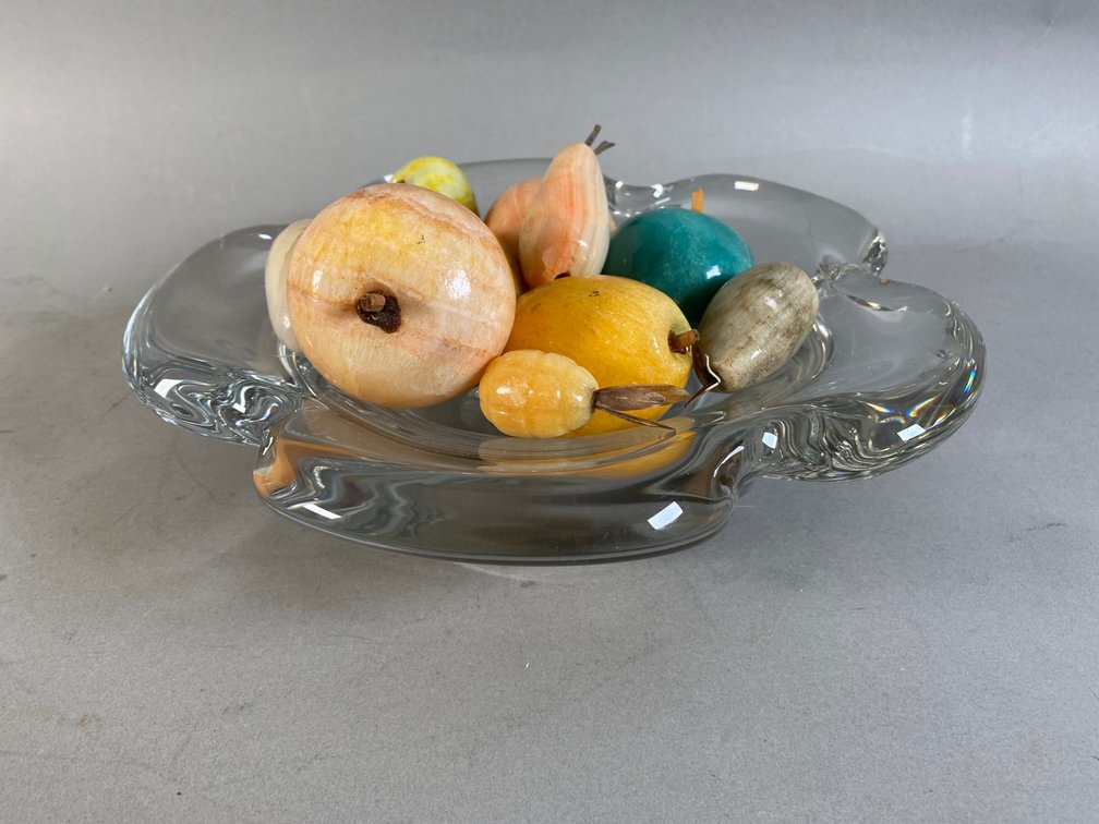 Vintage Signed Crystal Nancy France Daum Bowl With Alabaster And Quartz Fruit